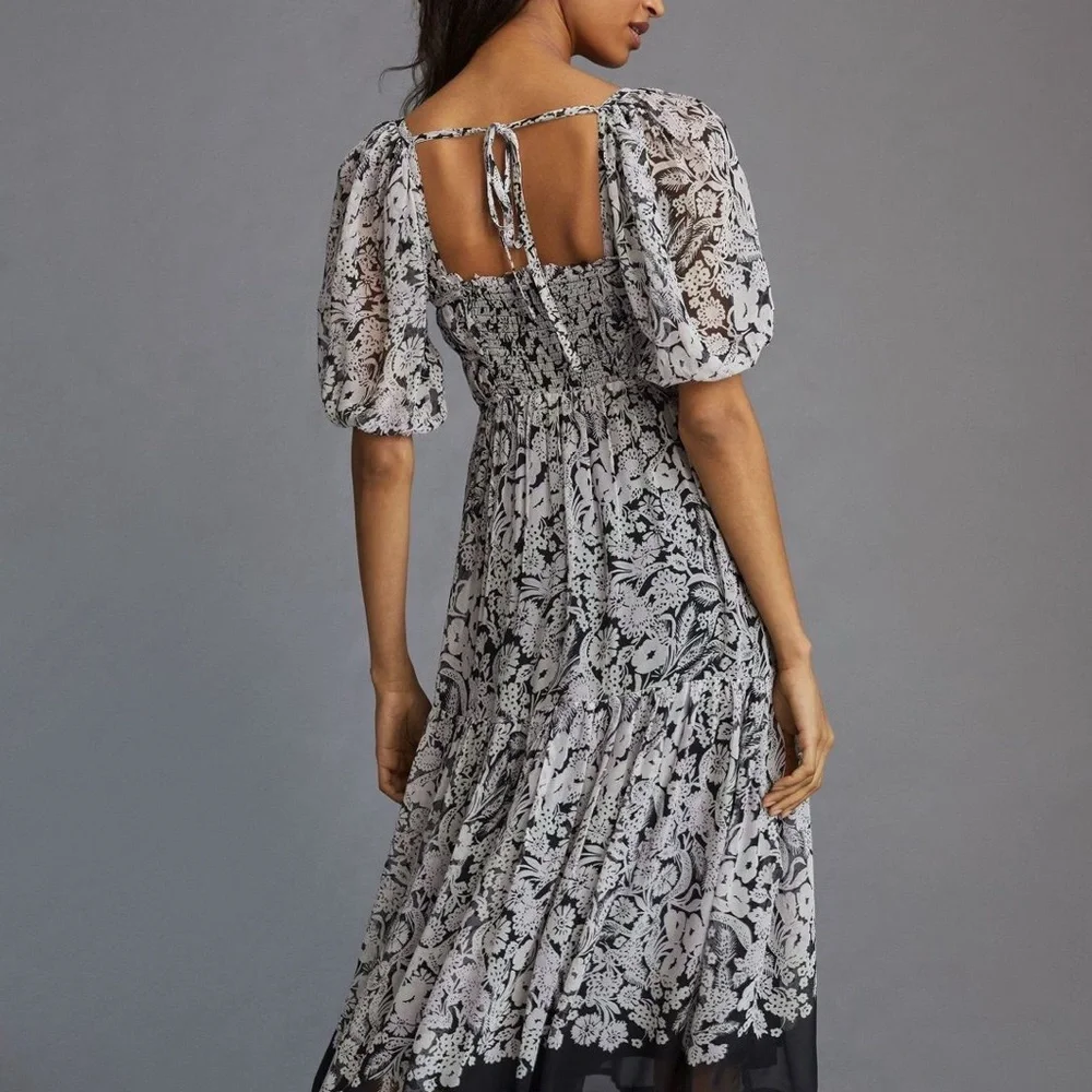 👗🌟Anthropologie Square Neck Smocked Midi Dress Boho Floral Black White XS 0 2 - Picture 1 of 12